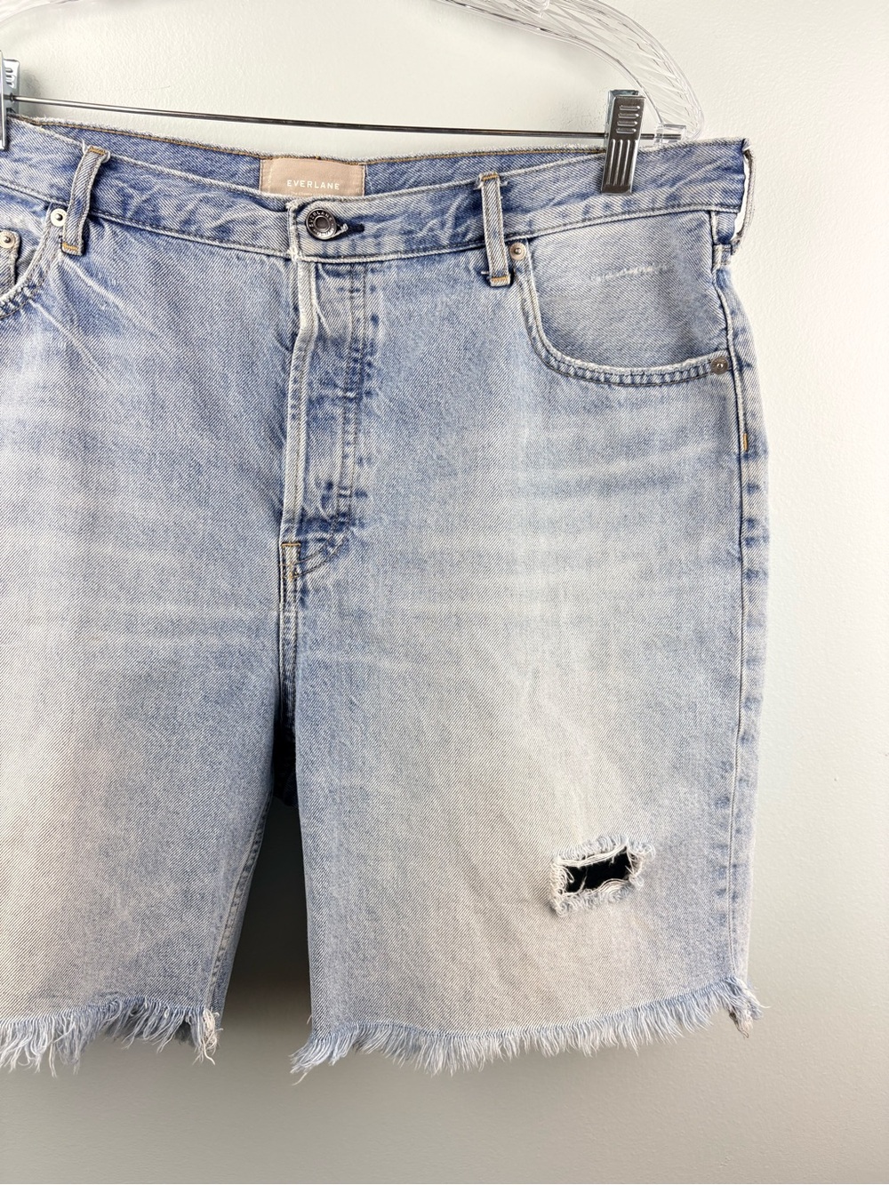 Everlane The Cheeky Long Short Denim Jean Shorts Frayed Hem Distressed Sz 33 - Picture 3 of 12